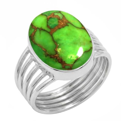 JEWELOPORIUM Copper Green Turquoise Silver Overlay Ring Size 12, .925 Silver Ring for Women, Chunky Oval Gemstone Boho Jewelry