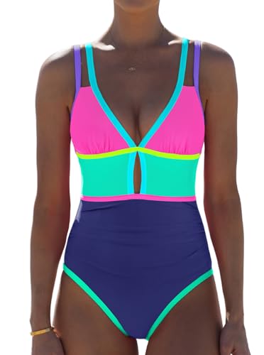 Image of popvil Women One Piece Swimsuit 2026 Tummy Control Sexy Cutout Neon Color Block Bathing Suit Slimming Adjustable Swimwear