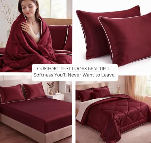 Image of SANMARINO Satin Silk Comforter Set for Double Bed - 300 TC Premium Satin Bedsheet with Pillow Covers, Luxury Complete Bedding Set, Soft Silky Finish, Bedroom Home Furnishing Gift Set - Wine Red Satin