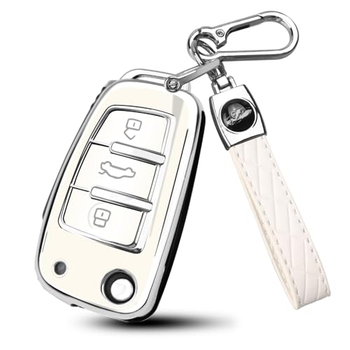 MILD EAST for Audi q3 Key Fob Cover 3 Button with Keychain(Silver/White)