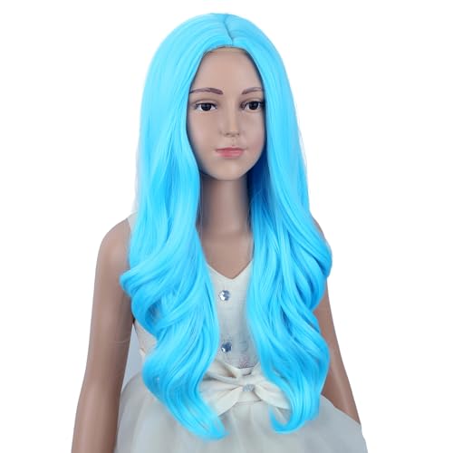 Image of Light Blue Wig Long Blue Middle Part Wig Long Wavy Curly Wigs Heat Resistant Synthetic Wigs for Daily Party Use