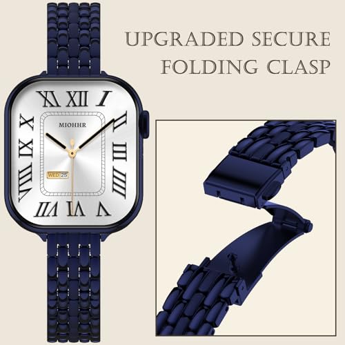 Image of Slim Metal Bands for Apple Watch 38mm 40mm 41mm 42mm(Series 11 /10) | Thin Shiny Stainless Steel Strap Bands for Women, Fit iWatch Series 11 10 9 8 7 6 5 4 3 2 1 SE3 SE2 SE, Dark Blue