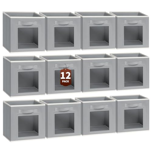 Homsorout Foldable Storage Cubes - Cubby Storage Organizer with Window, Decorative Baskets for Organizing, Fabric Bins for Clothes Storage, Closet Storage Cubes 11inch, Set of 12, Grey