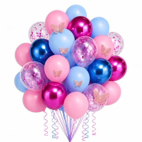 Image of AMFIN (Pack of 50) Butterfly Theme Birthday Decoration Kit Metallic Finish Women Girls Item Pink Blue Rainbow Flower Confetti Chrome Latex Balloons