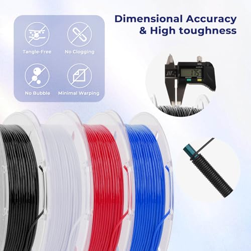 Image of AMOLEN 3D Printer Filament, Flexible TPU Filament Bundle, 1.75mm TPU Filament Multicolor, Soft Filaments of High Elasticity, Supports High Speed, 200gX4 Spools(Black /White /Red /Blue)