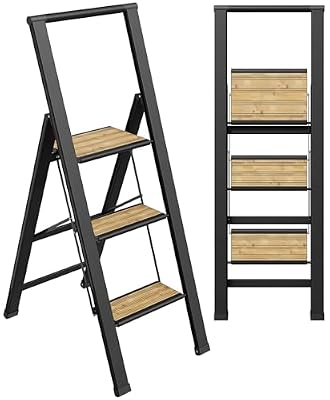 Sorfey Premium 3 Step Modern Bamboo Ladder. Lightweight,-Ultra Slim Profile, Anti Slip Steps, Sturdy-Portable for Home, Office, Kitchen, Photography Use, Black Aluminum Finish