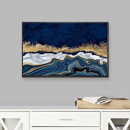 Blue Abstract Canvas Wall Art Blue Marble Paintings Gold Navy Blue Picture Poster Blue Abstract Artwork Navy And Light Blue Wall Art Marble Abstract Pictures Blue Gold Wall Paintings 16X24Inch Unframed #TOP3