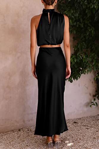 PRETTYGARDEN Women's 2 Piece Satin Outfits Summer Sleeveless Mock Neck Crop Tops and Long Skirt Dress Sets4