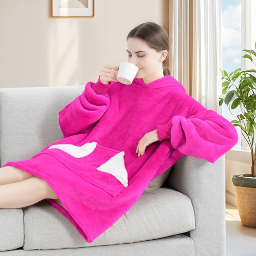 Touchat Wearable Blanket Hoodie, Oversized Sherpa Fleece Sweatshirt Blanket with Giant Hood Pocket and Sleeves for Adult, Warm & Cozy Blanket Gifts for Women (Neon Pink)