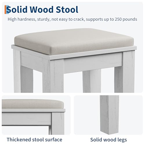 Farmhouse Makeup Vanity Desk with Solid Wood Stool, Makeup Vanity with Mirror and Lights & Power Outlet, Makeup Table with 2 Drawers, Dressing Table with Glass Top for Bedroom Dressing Room, White