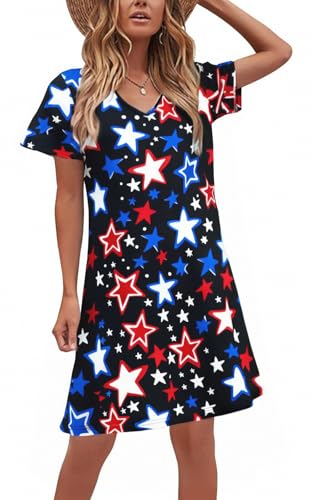 Image of LUKYCILD American Flag Dress Women 4th of July Patriotic Shirt USA Stars Stripes Dresses Sexy V- Neck Summer Sundress