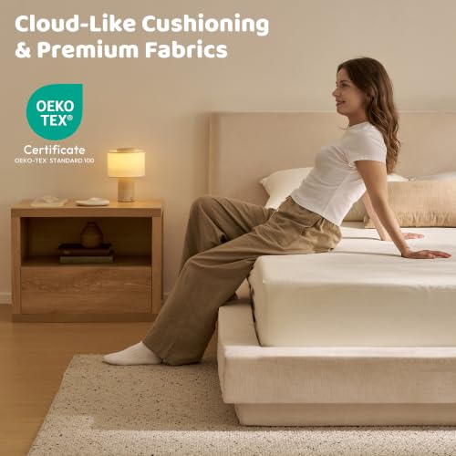 Image of RECCI AirFrame Full Cloud Platform Bed Frame with Round Edge Headboard | 6-Inch Thickness Plush Headboard, 5 Inch Foam Fully Cushioned, Beige Chenille Upholstered, Easy Assembly