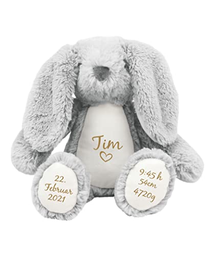 mamir home Geburtsgeschenk Baby Jungen & Mädchen | Hase Kuscheltier personalisiert mit Name & Geburtsdaten I 34cm I Geschenkidee zur Geburt I Taufe