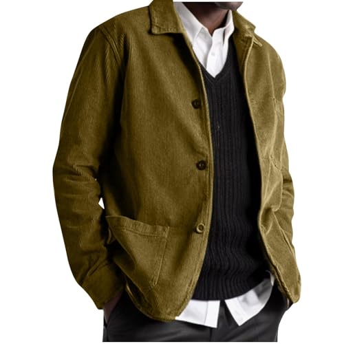 Men's Bomber Jackets Corduroy Coat Lightweight Autumn Casual Track Jackets with Pockets Button Up Solid Color Long Sleeve Lightweight Sweatshirt UK Sales