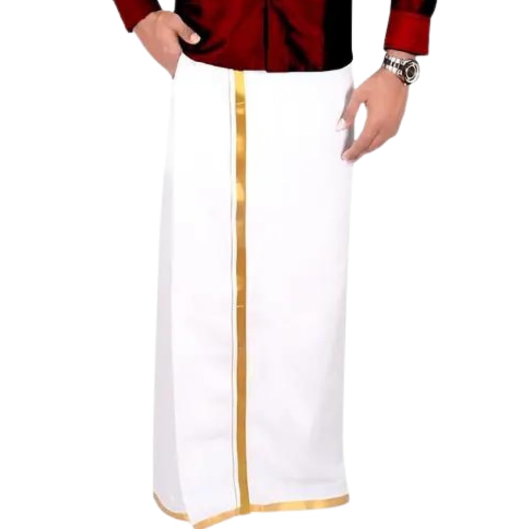 White Welcro Pocket Cotton Dhoti with Gold Jari Border Adjustable (28 to 44 Inches) Mens Traditional-image-14