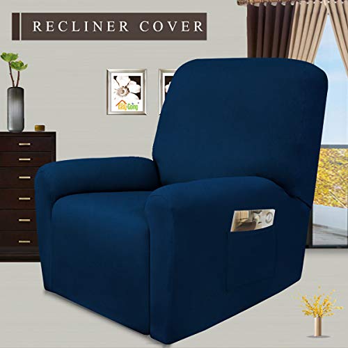 Image of Easy-Going 4 Pieces Microfiber Stretch Recliner Slipcover - Spandex Soft Fitted Sofa Couch Cover, Washable Furniture Protector with Elastic Bottom for Kids, Pet(Recliner, Navy)