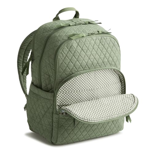 Image of Vera Bradley Women's Premium Cotton Large Bancroft Backpack - 15 inch Laptop & Trolley Sleeves - Vineyard Green Chambray, 28L