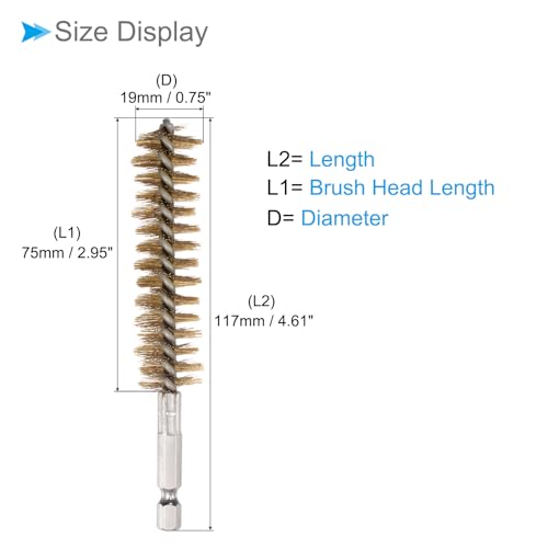 Image of Bore Brush, 19mm Dia 75mm Length, Brass Twisted Cleaning Wire Brushes with 1 /4 inch Hex Shank - (Applications: for Power Drill), 3-Pieces