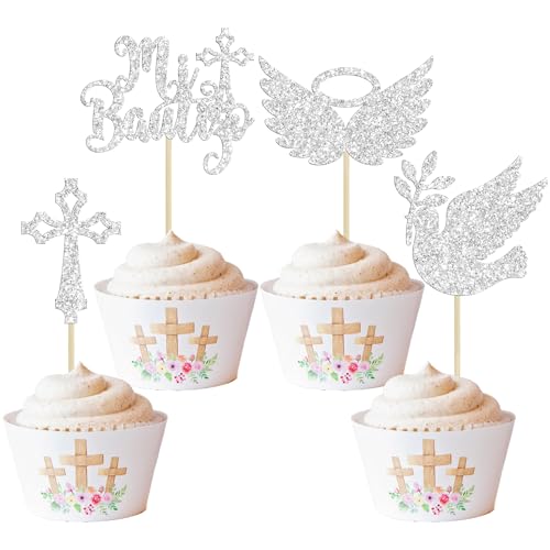 Gyufise 24Pcs God Bless Mi Bautizo Cupcake Toppers Glitter Dove Cross Baptism Cupcake Picks for Religious God Bless Baptism Theme Baby Shower Kids Birthday Party Decorations Supplies Silver