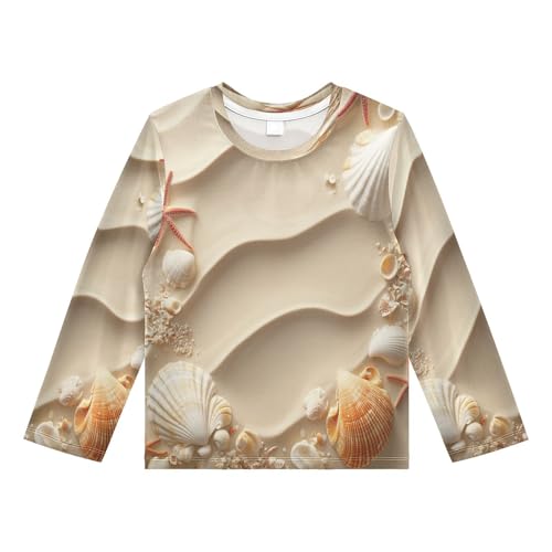 DOMIKING Seashell Sand Beige Boys Long Sleeve Rashguard Shirt Kids Quick Dry Swim Shirt for Running Swiming Pool 9-10T