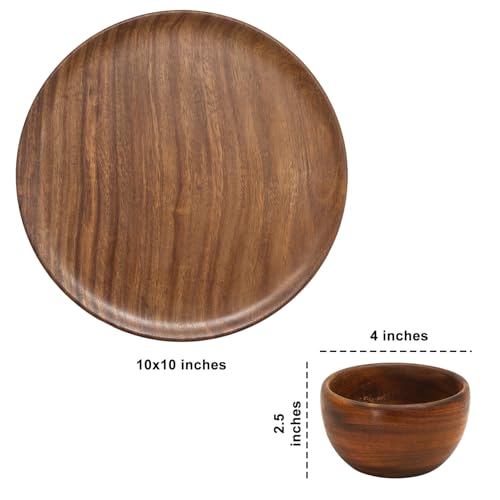 Image of Wooden thali, Sheesham Wood Serving Plate, 25.4 cm Round, Natural Brown, Chemical-Free (Wooden thali 3)