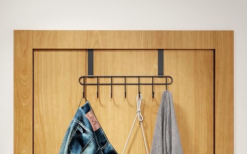 Image of Over the Door Hook Hanger Rack | Heavy Duty Multi Alloy Steel | No Drill 7 Hook Organizer | Space Saving Door Hanger for Bedroom, Bathroom, Kitchen & Home Storage - Black (Pack of 2)