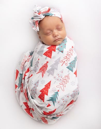 Image of Newborn Baby Girl Receiving Blanket Swaddle Blanket Stretchy Knit Swaddle Set with Matching Headband and Beanie (Red Tree Christmas)