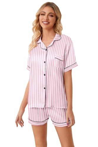 Image of Umeyda Women & Girls Pajamas Set, Soft Satin Lightweight Silk Button-Down Top with Shorts 2 Piece PJS for Mom Boys Kids Gifts