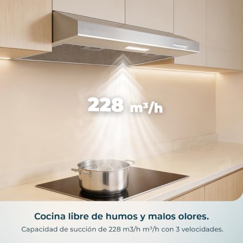 Cecotec Campana Extractora Convencional 60 cm Bolero Flux CM 602100 Inox A. Acabado Inox, Succión 228 m³/h, 3 Velocidades, Filtro de Aluminio, Clase A, Motor BLDC y Luz LED - Imagen 7