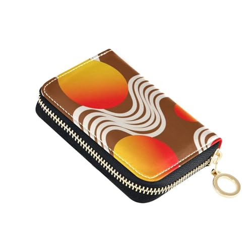 Abstract Art Wave Lines Round Brown leather cardholder wallet mens With 2 cash slot RFID Blocking small credit card holder for women with zipper