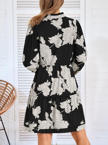 Image of Imily Bela Womens Fall Long Sleeve Tunic Dress Casual V Neck Tiered Dress | Loose,Swing,A-Line,Ruffled Collar,Puff Balloon Sleeve,Smocked Elastic Cuffs,Tiered Layered Ruffle Hem,Babydoll,Loose,Mini