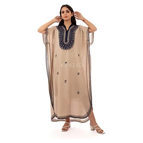 Moroccan Hand Made Caftan Beige In Cotton With Hand Embroidery Made In Morocco By Kenzadi (Blue Embroidery) Cover