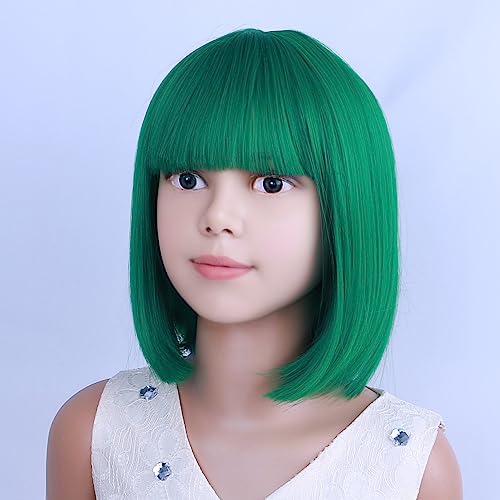 Image of PATTNIUM Kids Green Wig Child Green Bob Wig for Girls Colored Wigs Dark Green Bob Wig Cosplay Party Synthetic Wigs