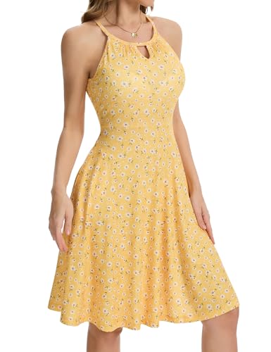 Image of JOYSHAPER Built in Bra Summer Dress Casual Beach Sundress Flowy Halter Dress with Pockets