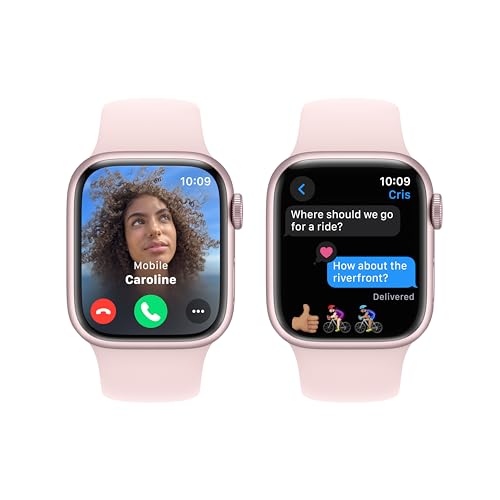 Image of Apple Watch Series 9 [GPS 41mm] Smartwatch with Pink Aluminum Case with Light Pink Sport Band S /M. Fitness Tracker, ECG Apps, Always-On Retina Display, Water Resistant (MR933LW /A)