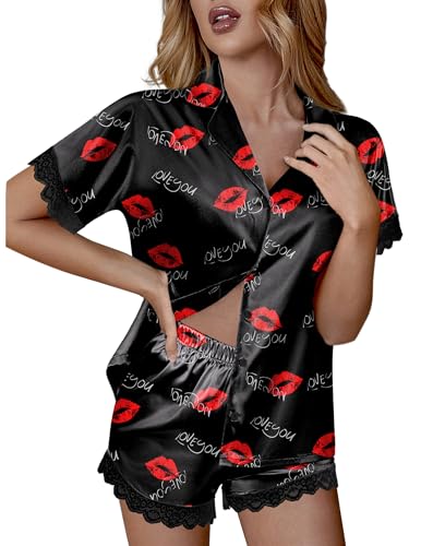 Image of Ekouaer Womens Lace Satin Pajama Set Button Down Pj Shorts Set Bridesmaids Getting Ready Outfits Casual Sleepwear XS-XXL