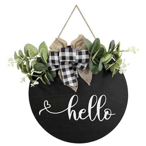 Welcome sign for front door Wooden door wreath Decoration Outdoor hanging signs for home Farmhouse Porch All Seasons 12 Inch(HELLO)