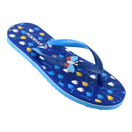 Image of Poddar Women's & Girls' Stylish Rubber Flip Flops | Lightweight Comfort Slippers for Home & Outer| Soft Printed Floral Chappals with Butterfly Detail - Turquoise & Blue (Size 4-8 UK)