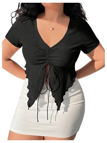 Verdusa Women's Plus Size Butterfly Asymmetrical Hem T Shirt Y2k Ruched V Neck Drawstring Crop Tops Black 3X-Large Plus