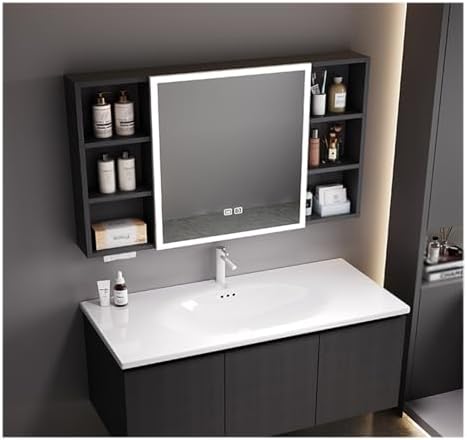 Wall Mounted Bathroom Storage Cabinet with LED Mirror Lights - Stylish Gray Mirror Cabinet for Homes, Hotels, Dorms & Apartments (90x68cm / 35.4x26.7in)