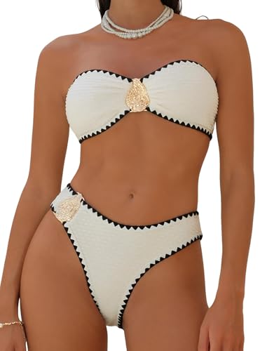 Image of ZAFUL Women's Bandeau Bikini O Ring Strapless Tie Back High Cut Two Piece Swimsuit Bathing Suits