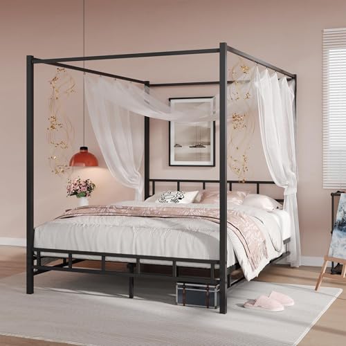 Canopy Bed Frame Full with Headboard and Footboard, Mattress Foundation Platform with Metal Slats Support, Underbed Storage Space, No Box Spring Needed, Easy Assembly, Black