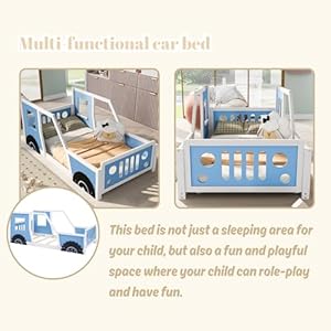 Twin Size Car Bed, Wood Floor Bed Frame with Headboard & Footboard and 4 Side Rails, Kids Racecar Bed for Boys Girls Teens, Blue Twin Size Car Bed Wood Floor Bed Frame with Headboard Footboard and 4 Side Rails Kids Racecar Bed for Boys Girls Teens Blue