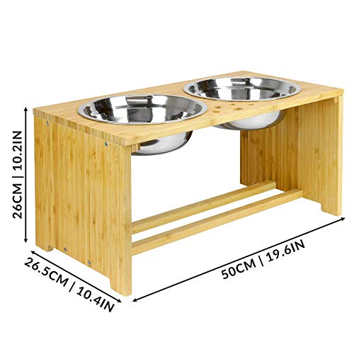 Raised Double Pet Bowls | Dog / Cat 2 In 1 Food & Water Metal Bowls | Elevated Bamboo Non-Slip Stand Feeder | M&W (Large) - Image 4