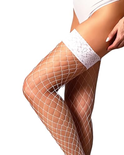 Image of Mila Marutti White Fishnet Thigh High Stockings for Women with Lace Top | Bridal Large Fish Net Lingerie Tights - White, S