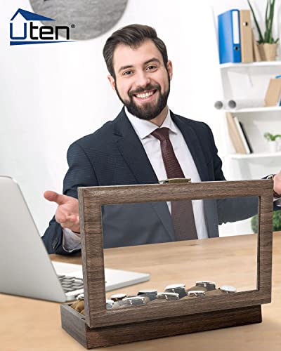 Image of Uten Watch Box 10 Slots, Watch Case Organizer with Real Glass Lid, Wood Grain PU Leather Watch Display Storage Box with Removable Imitation Suede Watch Pillows, Metal Clasp