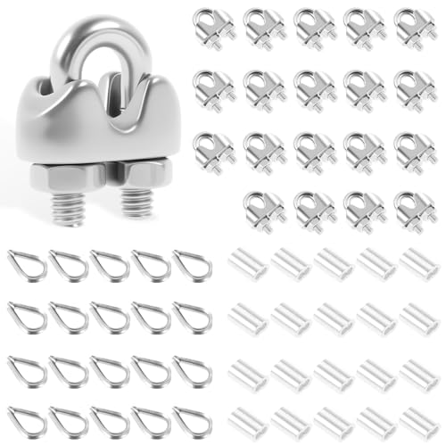 WhSunVo 60Pcs M3 Stainless Steel Wire Rope Cable Clip Clamp Set with M3 Thimble Aluminum Crimping Loop Sleeve Complete Wire Rope Accessory Set for 1/16inch 1/8inch Cable