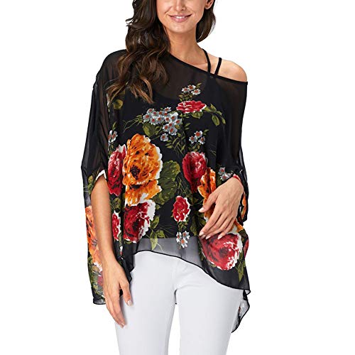 Image of Ckikiou Plus Size Batwing Flowy Semi Sheer Chiffon Blouse Tunic for Women Summer Floral Print Boho Beach Cover ups