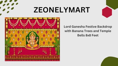 Image of Ganesh Pooja Background | Lord Ganesha Festive Backdrop with Banana Trees and Temple Bells 8x8 Feet | varalakshmi puja Decoration Cloths