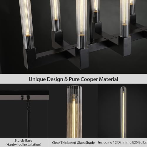 54 Inch Black Rectangular Chandeliers for Dining Room,12-Lights Modern Farmhouse Chandelier with Knurled Glass Tube,Black Copper Linear Chandeliers Dining Room Over Table Kitchen Island Pendant Light